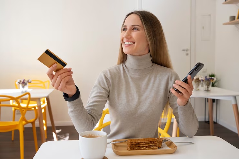 A smiling woman enjoys a relaxing moment at a café, holding her smartphone and a gold-coloured credit card. With a warm drink and dessert in front of her, she reflects the convenience and lifestyle perks often associated with cards with benefits in the UK.