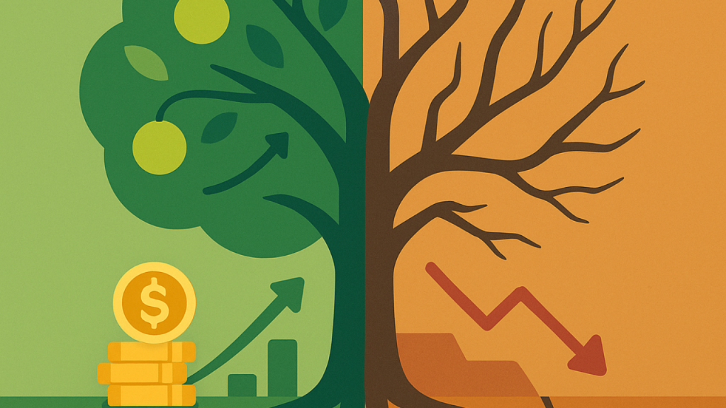 SattaPe Adding profit to your life... "Ilustração em estilo flat mostrando uma árvore dividida ao meio: o lado esquerdo é verde, com folhas e frutos, ao lado de moedas douradas e um gráfico ascendente; o lado direito é marrom e seco, com galhos sem folhas e um gráfico descendente em vermelho sobre fundo laranja.