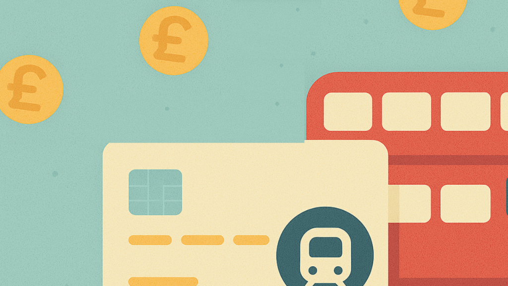 SattaPe Adding profit to your life... Flat-style digital illustration of UK transport credit card benefits, showing a cream-colored card with a train icon, red double-decker buses, Big Ben silhouette, and golden pound coins, arranged in a balanced, minimalist composition on a muted teal background.