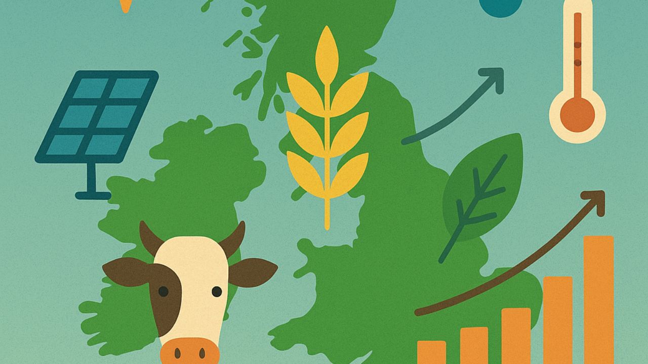 Flat-style illustration showing a stylized map of the United Kingdom in green. Around the map are agricultural icons such as wheat stalks, a tractor, and leaves, combined with climate-related symbols: a bright sun, a rain cloud, a thermometer, and a water droplet. A financial growth chart with upward and downward bars is integrated into the composition. The color palette mixes greens and browns for agriculture with blues, oranges, and reds for climate effects.
