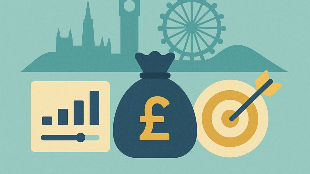 SattaPe Adding profit to your life... Flat-style digital illustration of the UK crowdfunding landscape, showing simplified London landmarks like Big Ben and the London Eye in the background. In the foreground, symbols of crowdfunding include a bar chart, a money bag with a pound sign, and a target with an arrow, all in a minimalist, teal and gold color palette.