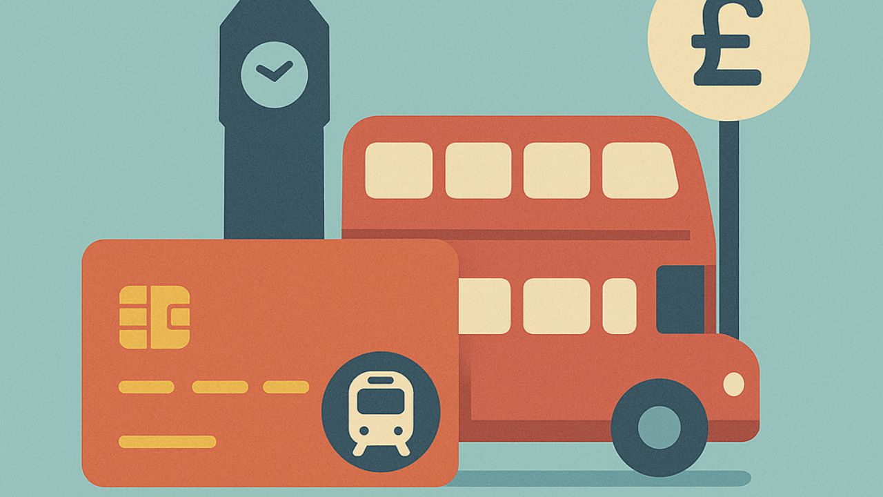 Flat-style digital illustration of credit cards with public transport benefits in the UK, featuring a red double-decker bus, a minimalist orange credit card with a transport icon, Big Ben silhouette, and a pound symbol on a teal background.