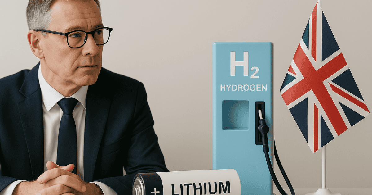 Businessman analysing hydrogen and lithium energy technologies beside a UK flag, illustrating clean energy investing and sustainable innovation.