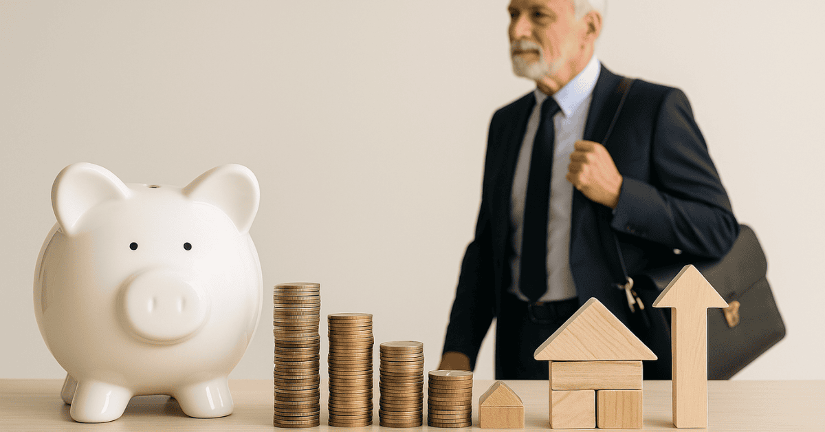 Piggy bank, stacked coins and wooden house symbols in the foreground, with a senior businessman in the background, representing long-term investing, savings growth and financial planning