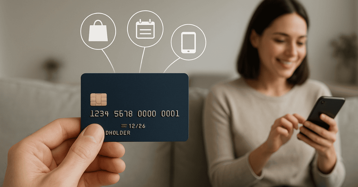 Hand holding a modern **credit card** in the foreground while a woman smiles and shops on her phone, highlighting digital payments and everyday card use.
